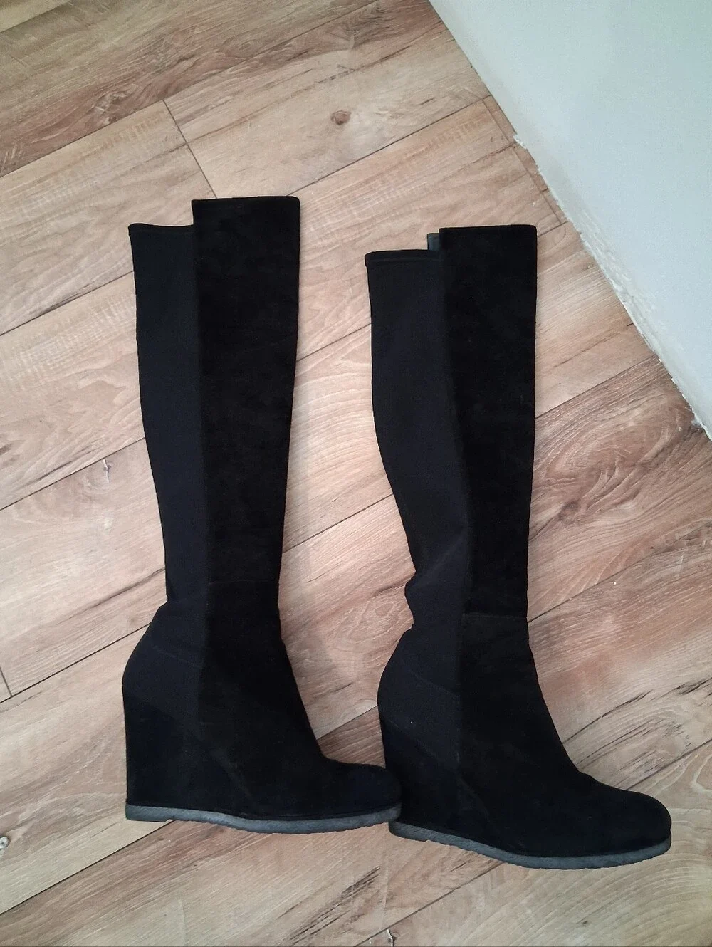 Stuart Weitzman Black Suede Over-the-Knee Wedge Boots